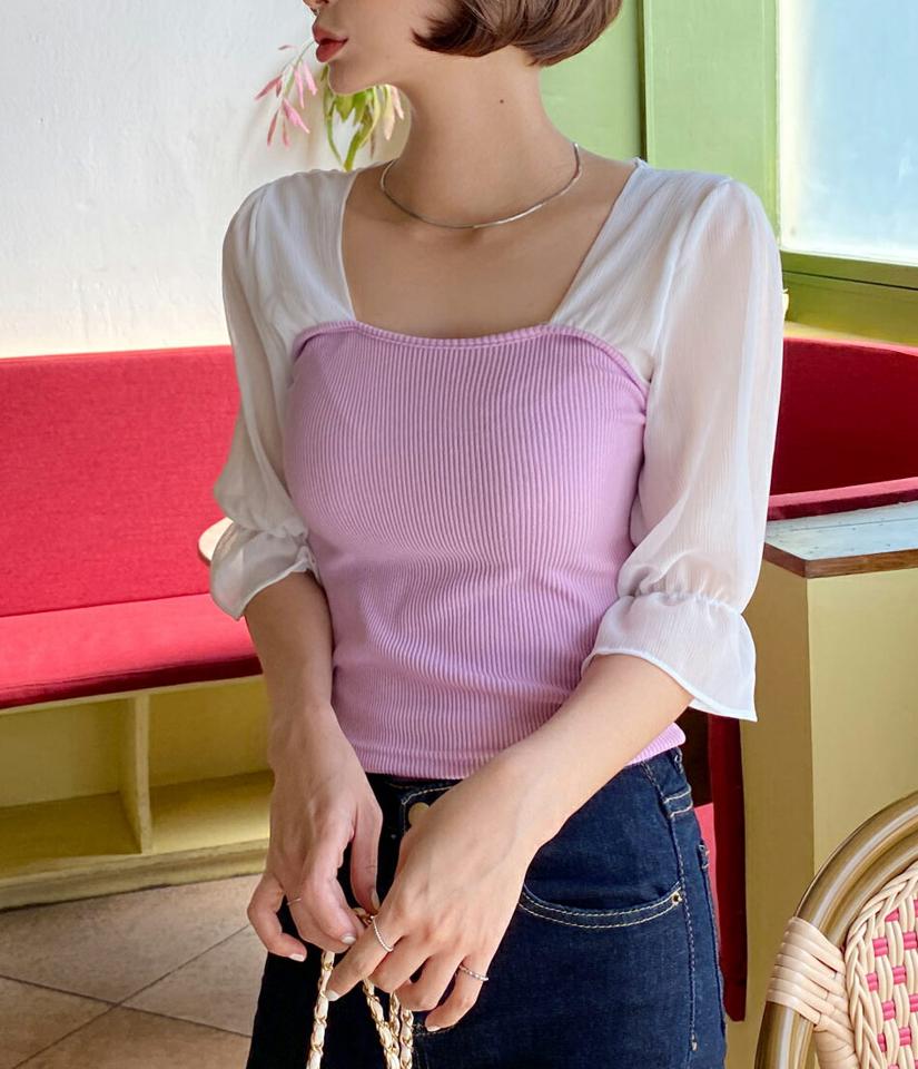 コントラストハートネックブラウス・全3色・t00668 レディース 【bl】トップス ブラウス 七分袖 7分袖 七分丈 7分丈 クロップド丈 襟コン デコルテ 鎖骨 リブ かわいい 可愛い ユニーク コントラスト 春 夏 韓国ファッション