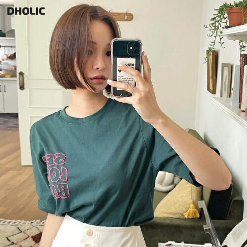 ラウンド刺繍ロゴTシャツ・全4色・t00665 レディース 【tops】トップス Tシャツ ロゴT ロゴ 半袖 ハーフスリーブ カジュアル ラフ 刺繍 ラウンドネック 春 夏 韓国ファッション