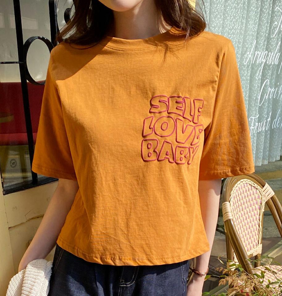 ラウンド刺繍ロゴTシャツ・全4色・t00665 レディース 【tops】トップス Tシャツ ロゴT ロゴ 半袖 ハーフスリーブ カジュアル ラフ 刺繍 ラウンドネック 春 夏 韓国ファッション