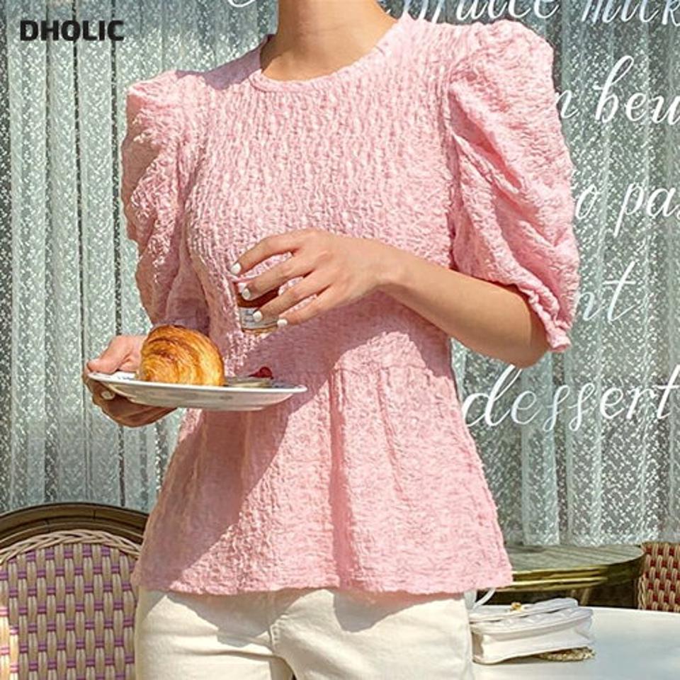 リンクルパフペプラムブラウス・全4色・t00698 レディース 【bl】トップス ブラウス 半袖 ハーフスリーブ パフ袖 パフスリーブ リンクル ペプラム 単色 フェミニン かわいい 可愛い ラウンドネック ボリューム袖 春 夏 韓国ファッション