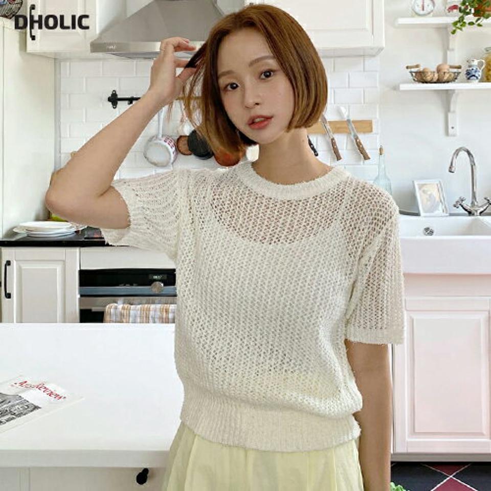 パンチングラウンドニット・全4色・b00673 レディース 【tops】トップス ニット 半袖 ハーフスリーブ 透け感 シアー シースルー パンチング 単色 シンプル 涼しげ カジュアル ラフ ラウンドネック 春 夏 韓国ファッション