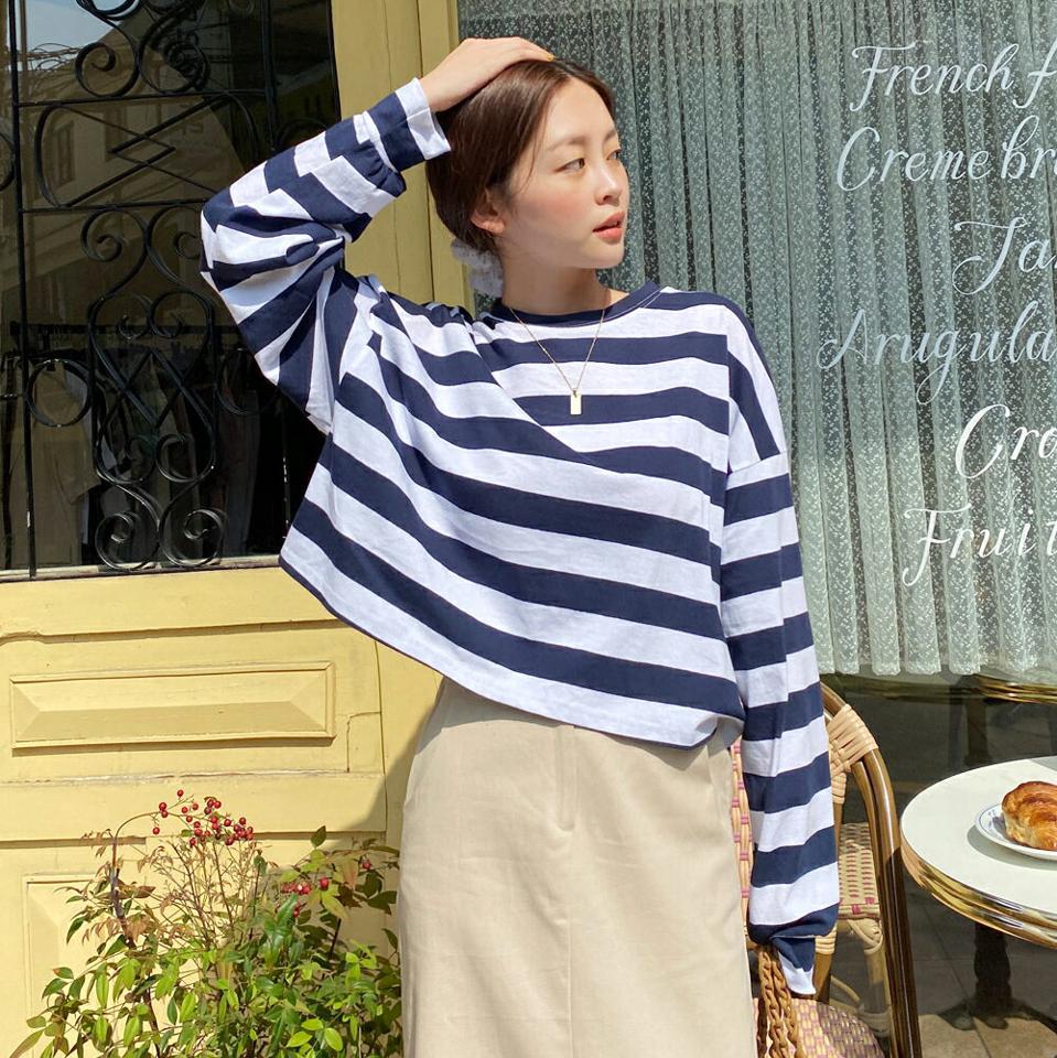 ボーダークロップドTシャツ・全3色・t00666 レディース 【tops】トップス Tシャツ 長袖 ボーダー柄　ボーダーT カジュアル ラフ クロップド丈 ワイドボーダー ラウンドネック 春 秋 韓国ファッション