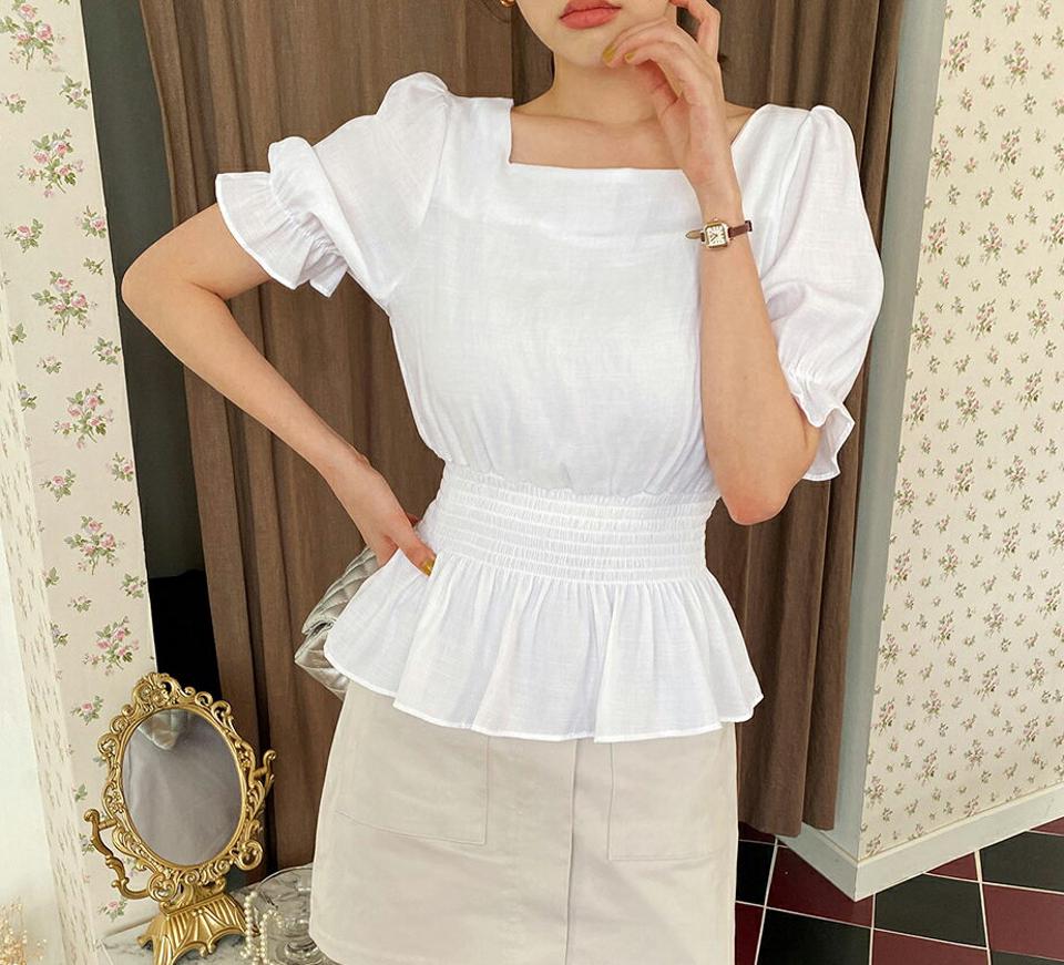 スクエアシャーリングブラウス・全4色・t00699 レディース 【bl】トップス ブラウス 半袖 ハーフスリーブ 袖コン デコルテ 鎖骨 シャーリング スクエアネック ウエストゴム ウエストマーク ペプラム 春 夏 韓国ファッション