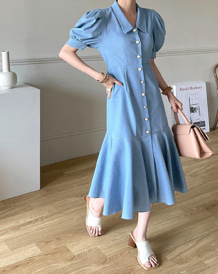 【10%OFF】マーメイドデニムシャツワンピース・全2色・b72140 レディース 【ops】ワンピース ロング ロングワンピース 半袖 カラーネック マーメイド デニム シャツワンピース ロング丈 シンプル フェミニン 夏 春 秋 韓国ファッション ハイホリHIHOLLI opsセール