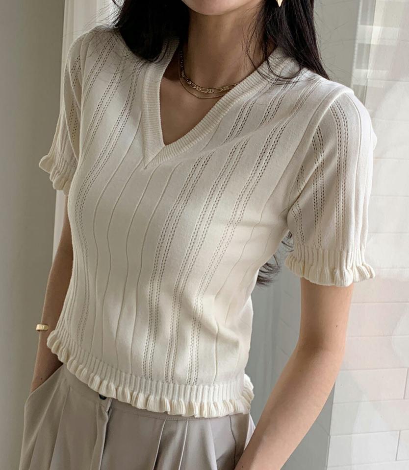 Vネックパンチングリブニット・全4色・b72145 レディース 【tops】トップス ニット 大人 半袖 Vネック パンチング クロップド丈 フリル シンプル フェミニン カジュアル 夏 春 秋 韓国ファッション ハイホリHIHOLLI