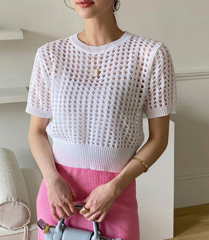 ネットクロップドニット・全3色・t72135 レディース 【tops】トップス ニット 大人 半袖 ラウンドネック ネット編み シースルー クロップド丈 シンプル フェミニン カジュアル 夏 春 秋 韓国ファッション ハイホリHIHOLLI