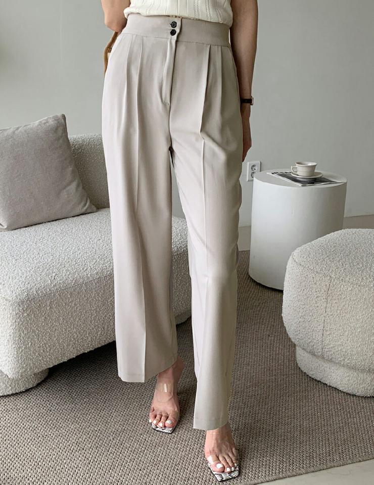 ツーボタンワイドスラックス・全4色・t72147 レディース 【pt】ボトムス ロング ロングパンツ スラックスパンツ スラックス ワイド ハイウエスト 無地 シンプル 体型カバー フェミニン カジュアル 春 秋 韓国ファッション ハイホリHIHOLLI