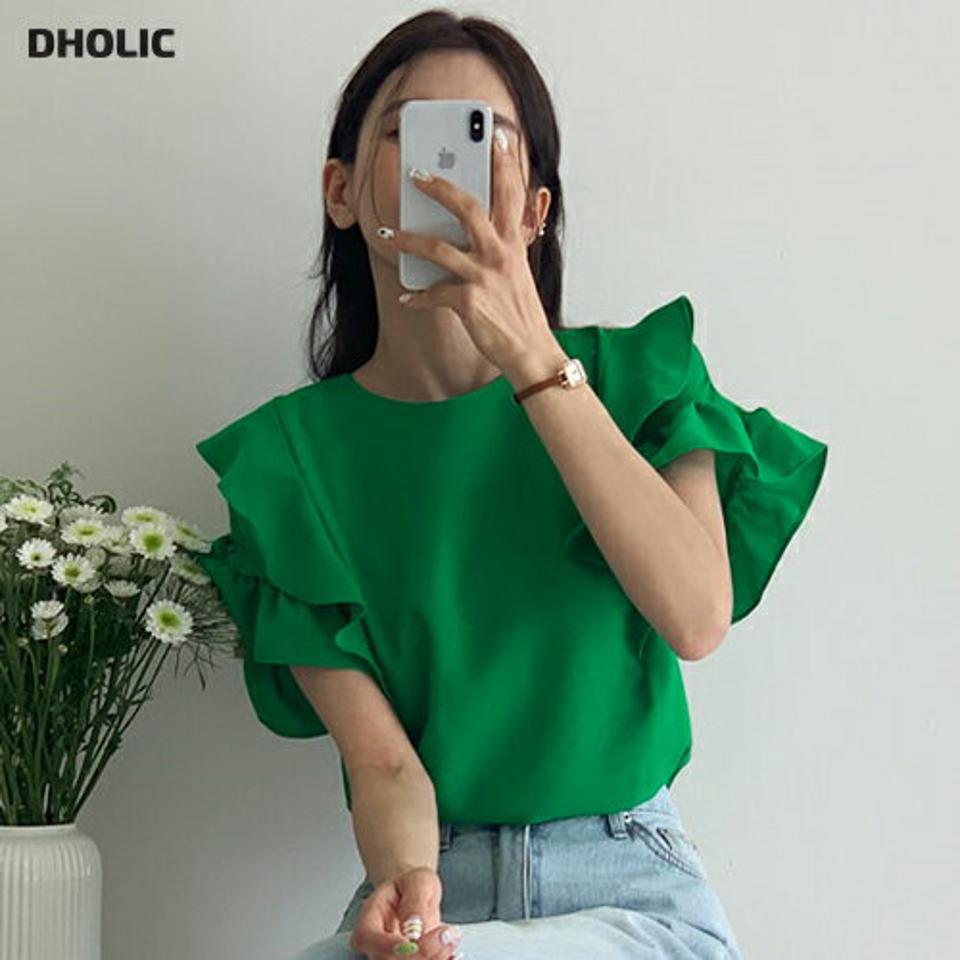 フリルラウンドネックブラウス・全4色・00521 レディース 【bl】トップス ブラウス ラウンドネック フリル 単色 無地 フェミニン 半袖 ハーフスリーブ 緑 シワになりにくい 体型カバー 二の腕カバー 春 夏 韓国ファッション 人気