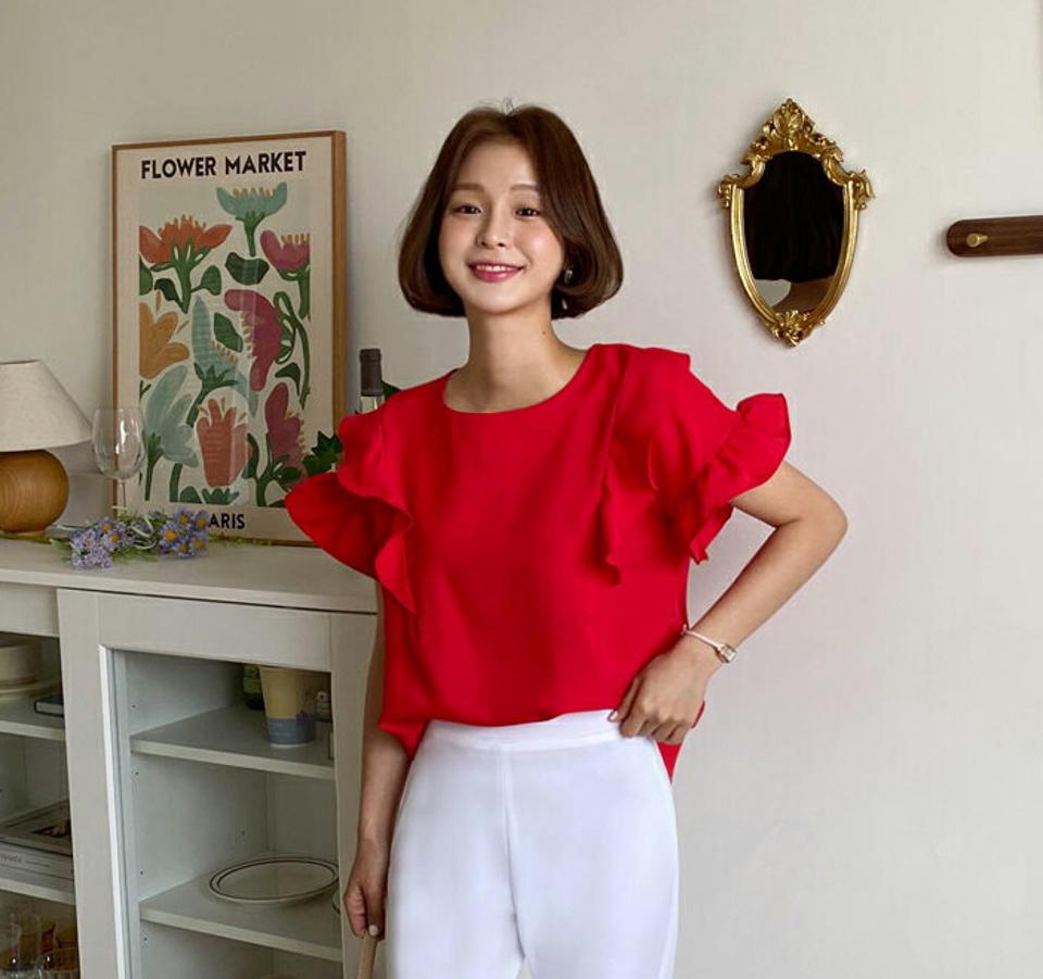 フリルラウンドネックブラウス・全4色・00521 レディース 【bl】トップス ブラウス ラウンドネック フリル 単色 無地 フェミニン 半袖 ハーフスリーブ 緑 シワになりにくい 体型カバー 二の腕カバー 春 夏 韓国ファッション 人気