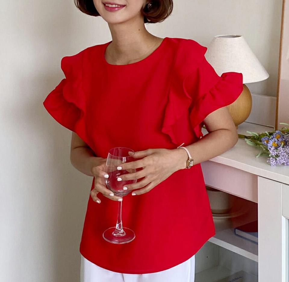 フリルラウンドネックブラウス・全4色・00521 レディース 【bl】トップス ブラウス ラウンドネック フリル 単色 無地 フェミニン 半袖 ハーフスリーブ 緑 シワになりにくい 体型カバー 二の腕カバー 春 夏 韓国ファッション 人気