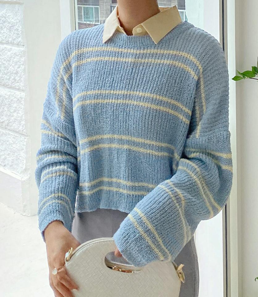 ボーダークロップドニット・全5色・t00486 レディース 【tops】トップス ニット 長袖 ボーダー柄 クロップド丈 カジュアル ラフ アクリルニット 柄ニット 春 秋 韓国ファッション