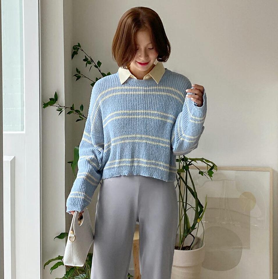 ボーダークロップドニット・全5色・t00486 レディース 【tops】トップス ニット 長袖 ボーダー柄 クロップド丈 カジュアル ラフ アクリルニット 柄ニット 春 秋 韓国ファッション