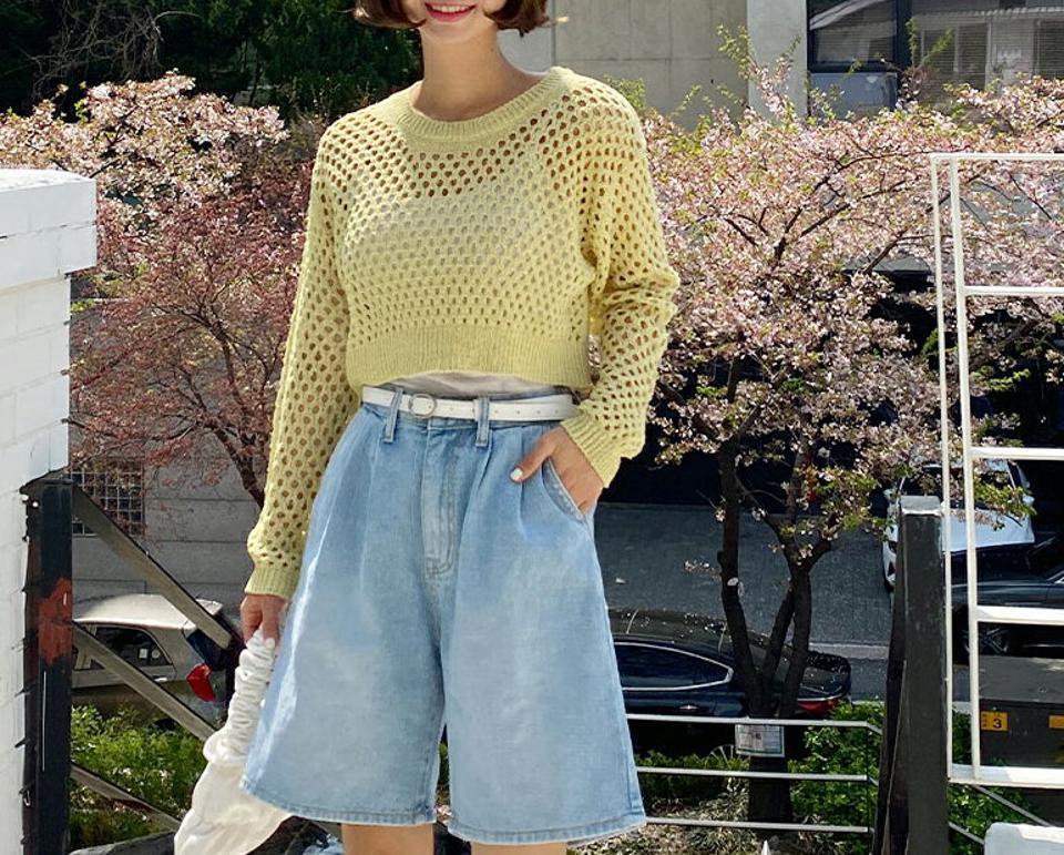 クロップドパンチングニット・全5色・t00489 レディース 【tops】トップス ニット 長袖 透け感 メッシュ クロップド丈 短丈 パンチングニット 単色 シンプル カジュアル ラフ シアー ラウンドネック 春 夏 秋 韓国ファッション