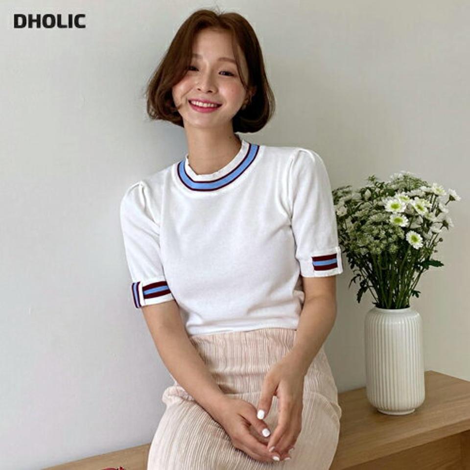 スリーブリボン配色ニット・全2色・b00519 レディース 【tops】トップス ニット 半袖 配色 ライン クロップド丈 カジュアル 大人 ラウンドネック パフスリーブ 春 夏 サマーニット 韓国ファッション