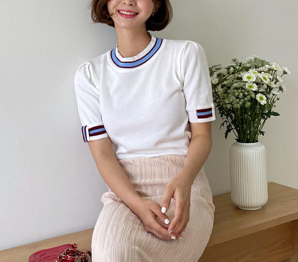 スリーブリボン配色ニット・全2色・b00519 レディース 【tops】トップス ニット 半袖 配色 ライン クロップド丈 カジュアル 大人 ラウンドネック パフスリーブ 春 夏 サマーニット 韓国ファッション