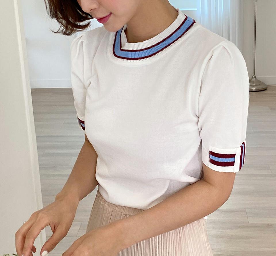 スリーブリボン配色ニット・全2色・b00519 レディース 【tops】トップス ニット 半袖 配色 ライン クロップド丈 カジュアル 大人 ラウンドネック パフスリーブ 春 夏 サマーニット 韓国ファッション