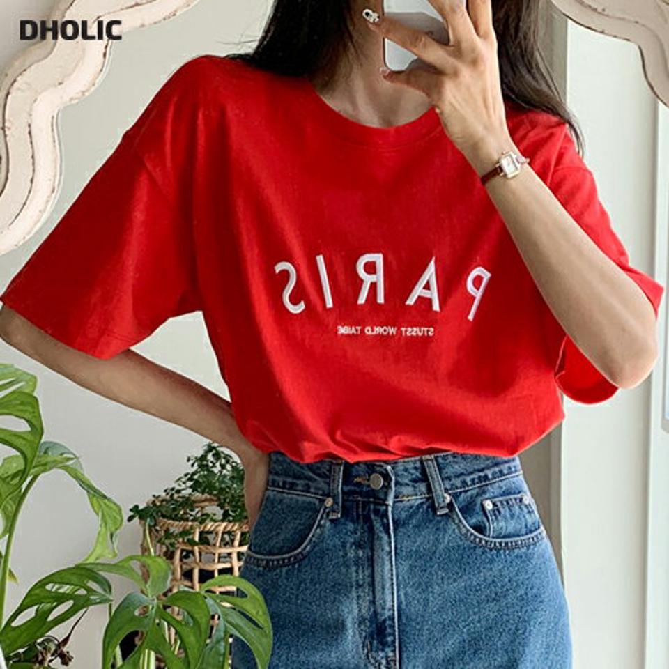 PARIS刺繍半袖Tシャツ・全4色・b00490 レディース 【tops】トップス Tシャツ 半袖 ハーフスリーブ ロゴ ロゴT 刺繍 カジュアル ラフ ラウンドネック 春 夏 韓国ファッション