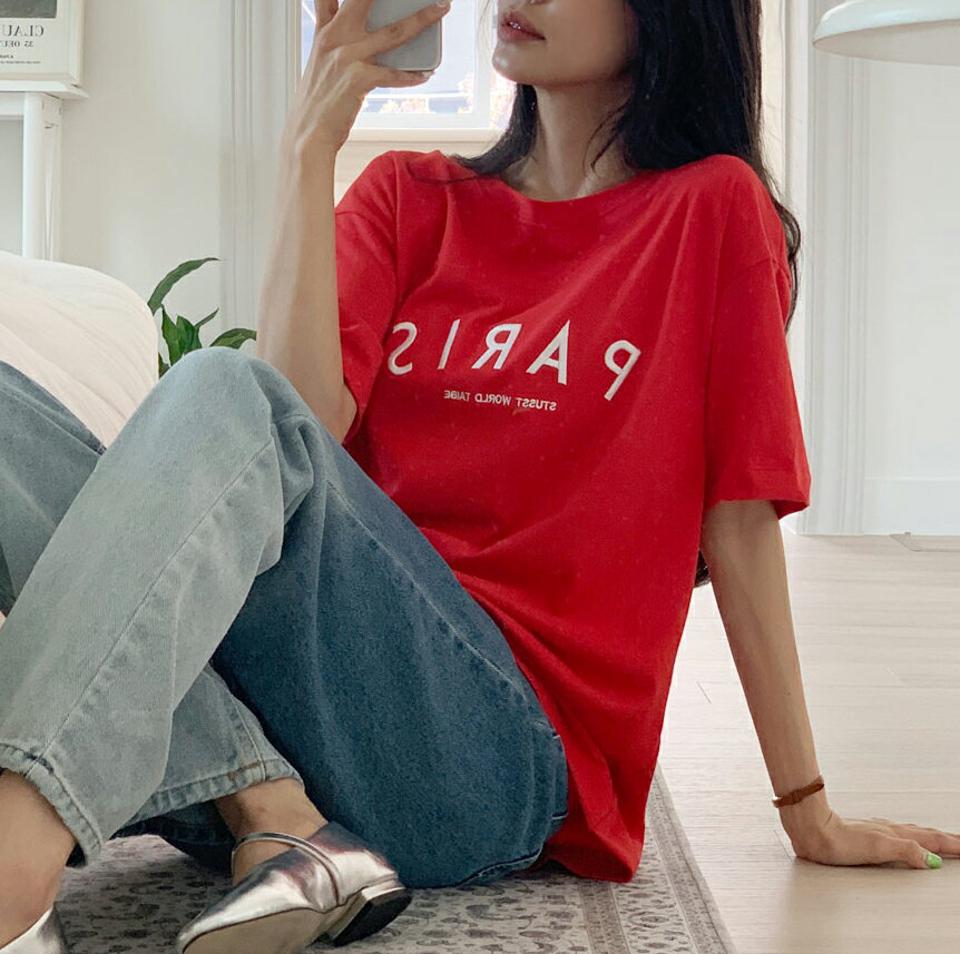 PARIS刺繍半袖Tシャツ・全4色・b00490 レディース 【tops】トップス Tシャツ 半袖 ハーフスリーブ ロゴ ロゴT 刺繍 カジュアル ラフ ラウンドネック 春 夏 韓国ファッション