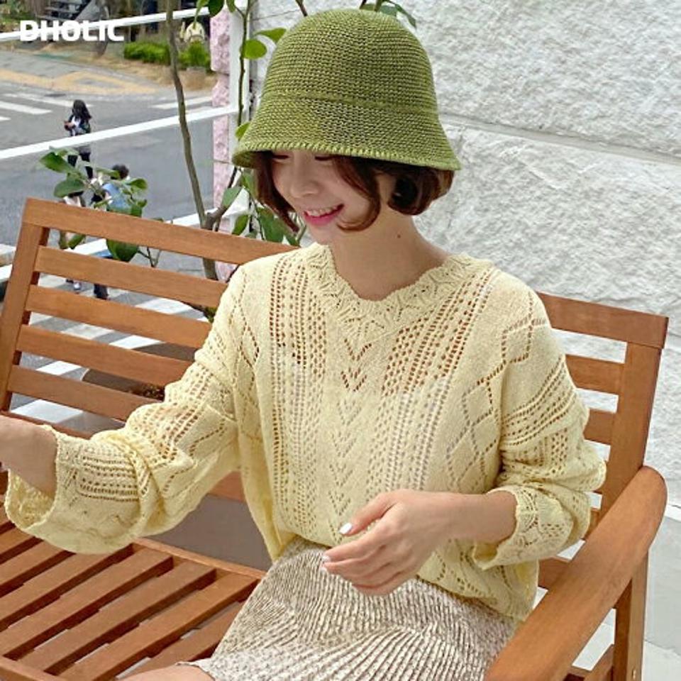 Vネックパターンパンチングニット・全5色・t00484 レディース 【tops】トップス ニット 長袖 透け感 シアー シースルー 単色 カジュアル ラフ Vネック クロップド丈 スカラップ アクリルニット 春 秋 韓国ファッション