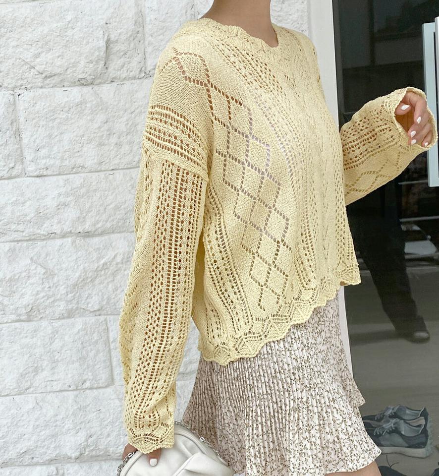 Vネックパターンパンチングニット・全5色・t00484 レディース 【tops】トップス ニット 長袖 透け感 シアー シースルー 単色 カジュアル ラフ Vネック クロップド丈 スカラップ アクリルニット 春 秋 韓国ファッション
