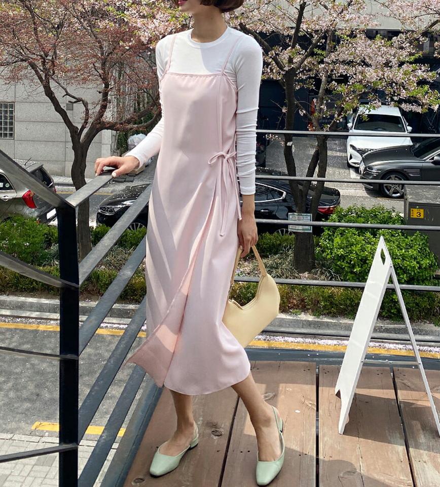 リボンラップ風キャミワンピース・全4色・t00502 レディース 【ops】ワンピース ロング丈 ロングワンピース スリーブレス ノースリーブ キャミソール りぼん 単色 無地 シンプル レイヤード かわいい 春 夏 秋 韓国ファッション