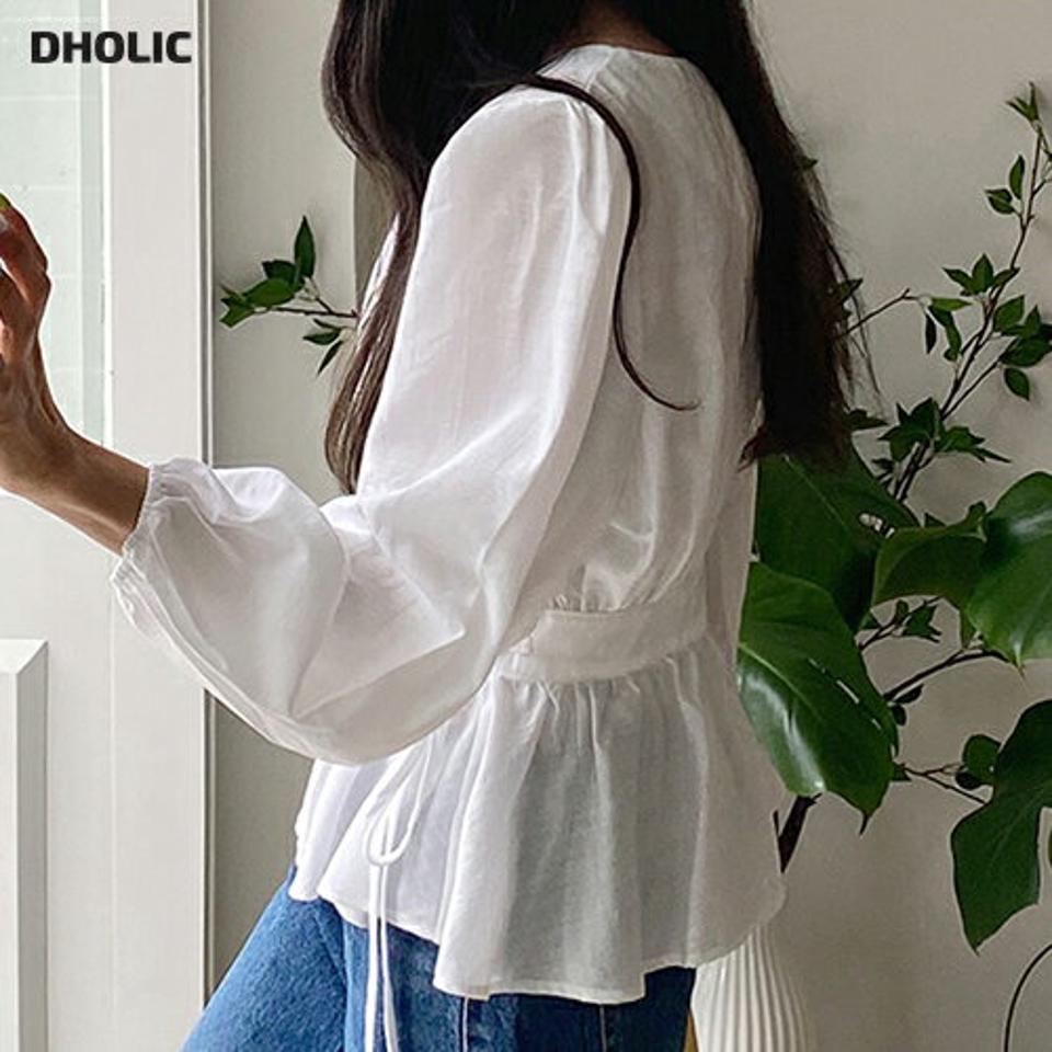 Vネックラップパフブラウス・全3色・t00497 レディース 【bl】トップス ブラウス 長袖 ペプラム ラップデザイン パフ袖 パフスリーブ ゴム フェミニン かわいい 単色 シンプル ウエストマーク 春 秋 韓国ファッション