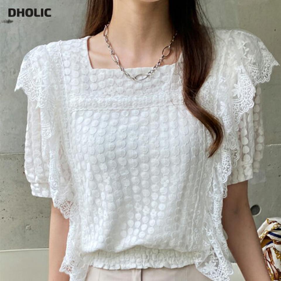 スクエアネックドットレースブラウス・全2色・b00449 レディース 【bl】ブラウス トップス 半袖 単色 模様 柄 ドット レース スクエアネック スカラップ フリル フェミニン ガーリー 春 夏 可愛い かわいい 二の腕カバー 韓国ファッション ハイホリHIHOLLI