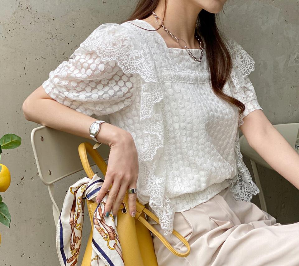 スクエアネックドットレースブラウス・全2色・b00449 レディース 【bl】ブラウス トップス 半袖 単色 模様 柄 ドット レース スクエアネック スカラップ フリル フェミニン ガーリー 春 夏 可愛い かわいい 二の腕カバー 韓国ファッション ハイホリHIHOLLI