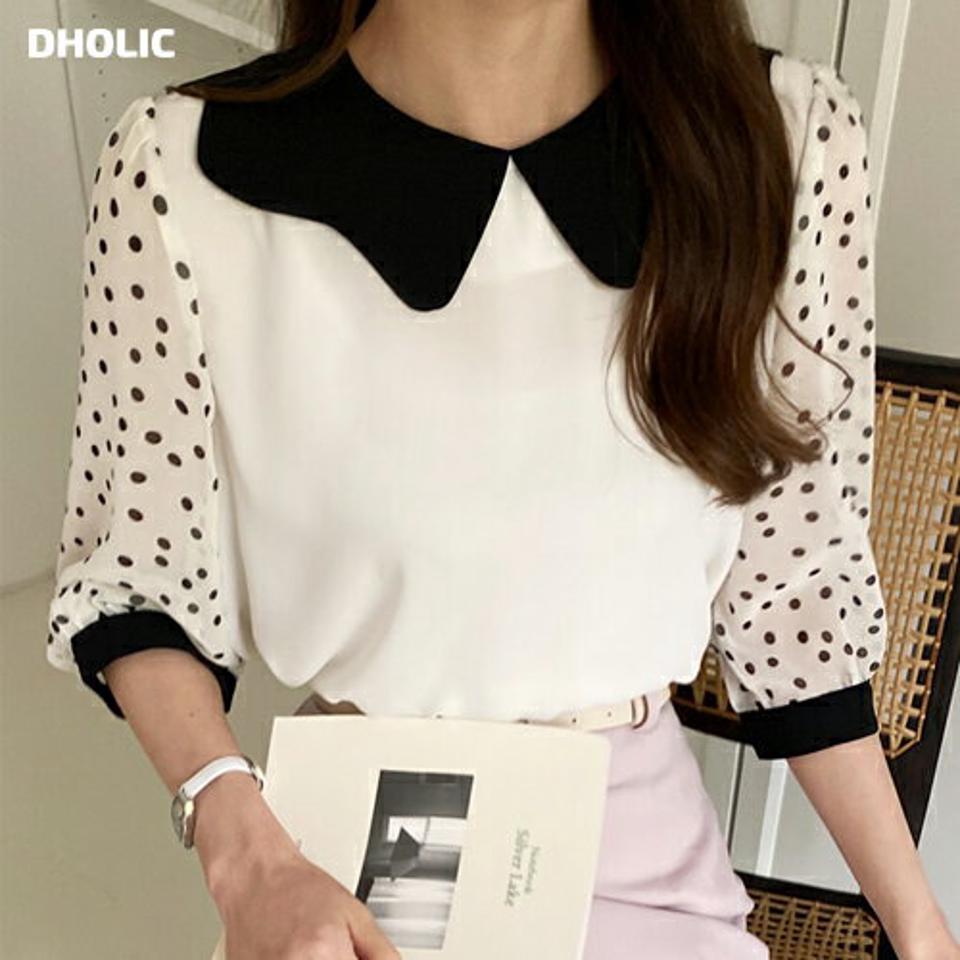 カラードットスリーブブラウス・全3色・t00453 レディース 【bl】ブラウス トップス 配色 ドット 柄 模様 七分丈 7分丈 7分袖 七分袖 襟 襟コン パフスリーブ　フェミニン 春 夏 秋 上品 フェミニン きれいめ 韓国ファッション ハイホリHIHOLLI