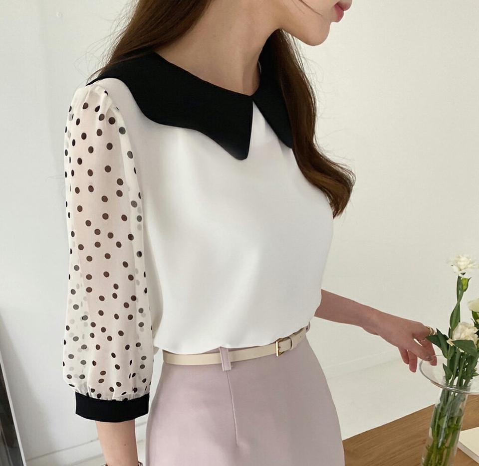 カラードットスリーブブラウス・全3色・t00453 レディース 【bl】ブラウス トップス 配色 ドット 柄 模様 七分丈 7分丈 7分袖 七分袖 襟 襟コン パフスリーブ　フェミニン 春 夏 秋 上品 フェミニン きれいめ 韓国ファッション ハイホリHIHOLLI
