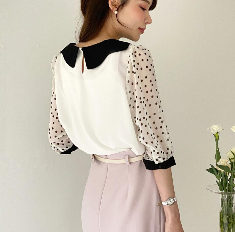 カラードットスリーブブラウス・全3色・t00453 レディース 【bl】ブラウス トップス 配色 ドット 柄 模様 七分丈 7分丈 7分袖 七分袖 襟 襟コン パフスリーブ　フェミニン 春 夏 秋 上品 フェミニン きれいめ 韓国ファッション ハイホリHIHOLLI