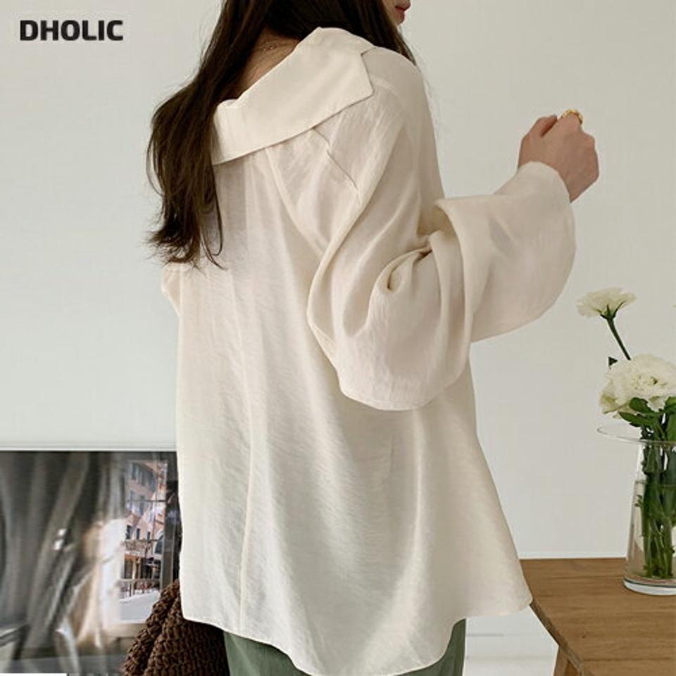 Uネックカラーフレアブラウス・全2色・t00451 レディース 【bl】ブラウス トップス 長袖 単色 無地 シンプル ラグラン パステル 楽ちん ラフ 体型カバー Uネック 鎖骨 デコルテ カジュアル 春 夏 フェミニン 韓国ファッション ハイホリHIHOLLI