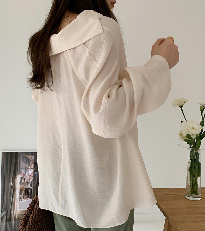 Uネックカラーフレアブラウス・全2色・t00451 レディース 【bl】ブラウス トップス 長袖 単色 無地 シンプル ラグラン パステル 楽ちん ラフ 体型カバー Uネック 鎖骨 デコルテ カジュアル 春 夏 フェミニン 韓国ファッション ハイホリHIHOLLI