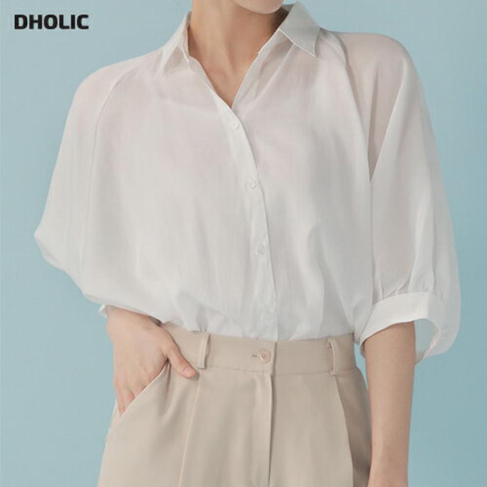 フリルスリットシャツブラウス・全2色・b00273 レディース 【bl】シャツ ブラウス トップス 7分丈 7分袖 七分袖 七分丈 単色 無地 シンプル バックシャン Vネック 鎖骨 デコルテ フリル 体型カバー 春 夏 韓国ファッション ハイホリHIHOLLI