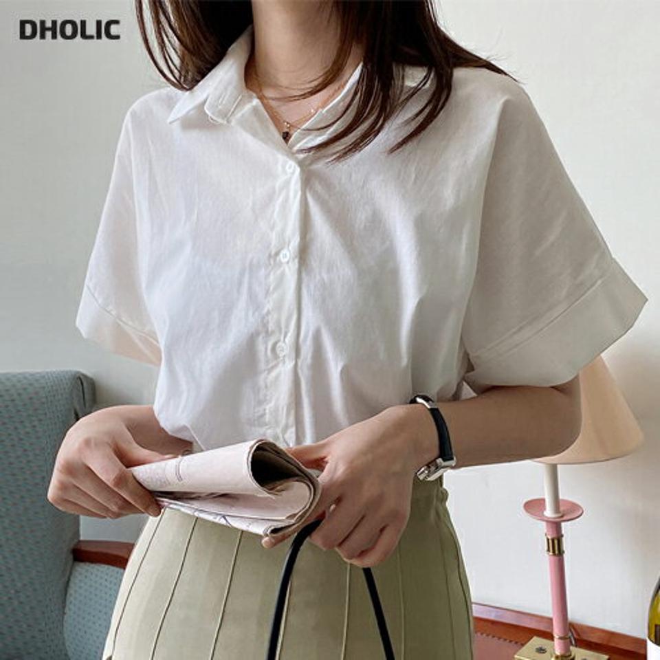ロールアップ半袖シャツ・全3色・t67024 レディース 【tops】トップス シャツ 半袖 ハーフスリーブ 単色 無地 シンプル ベーシック 大人 オフィスカジュアル きれいめ 清楚 白シャツ ホワイト 春 夏 韓国ファッション