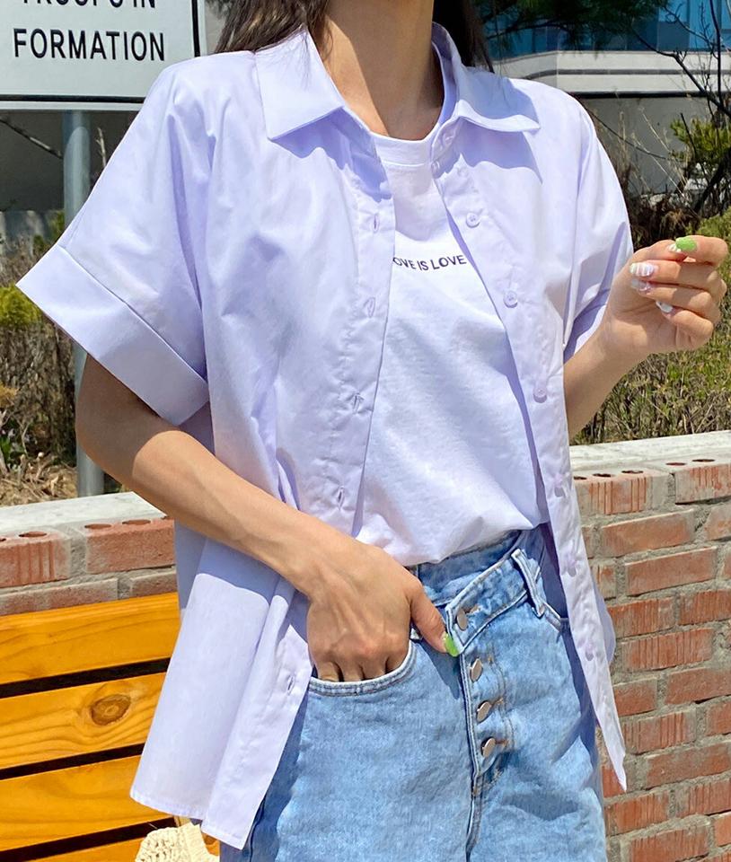 ロールアップ半袖シャツ・全3色・t67024 レディース 【tops】トップス シャツ 半袖 ハーフスリーブ 単色 無地 シンプル ベーシック 大人 オフィスカジュアル きれいめ 清楚 白シャツ ホワイト 春 夏 韓国ファッション