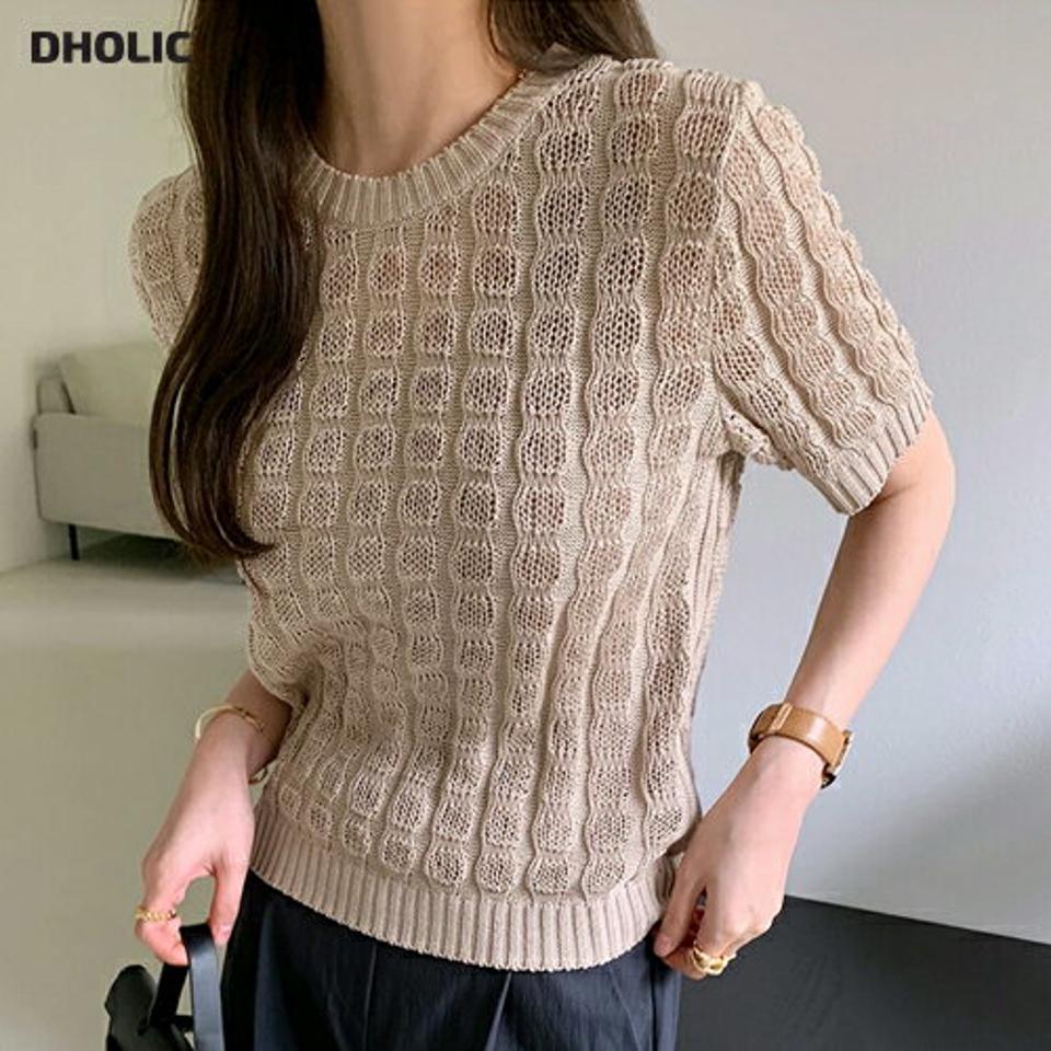 ワッフルシアーニット・全3色・b00444 レディース 【tops】トップス ニット 半袖 ワッフル 模様 柄 単色 サマーニット ラウンドネック カジュアル かわいい 可愛い ココア パープル ピンク 春 夏 韓国ファッション ハイホリHIHOLLI