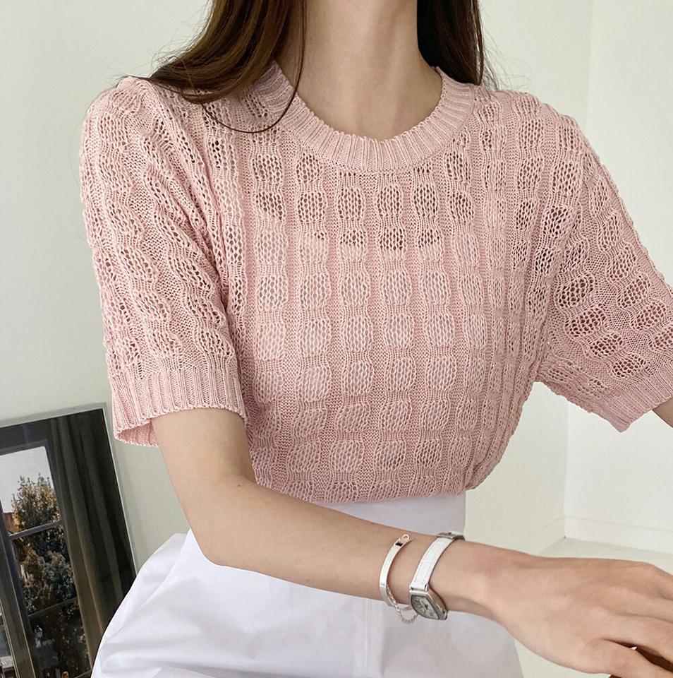 ワッフルシアーニット・全3色・b00444 レディース 【tops】トップス ニット 半袖 ワッフル 模様 柄 単色 サマーニット ラウンドネック カジュアル かわいい 可愛い ココア パープル ピンク 春 夏 韓国ファッション ハイホリHIHOLLI