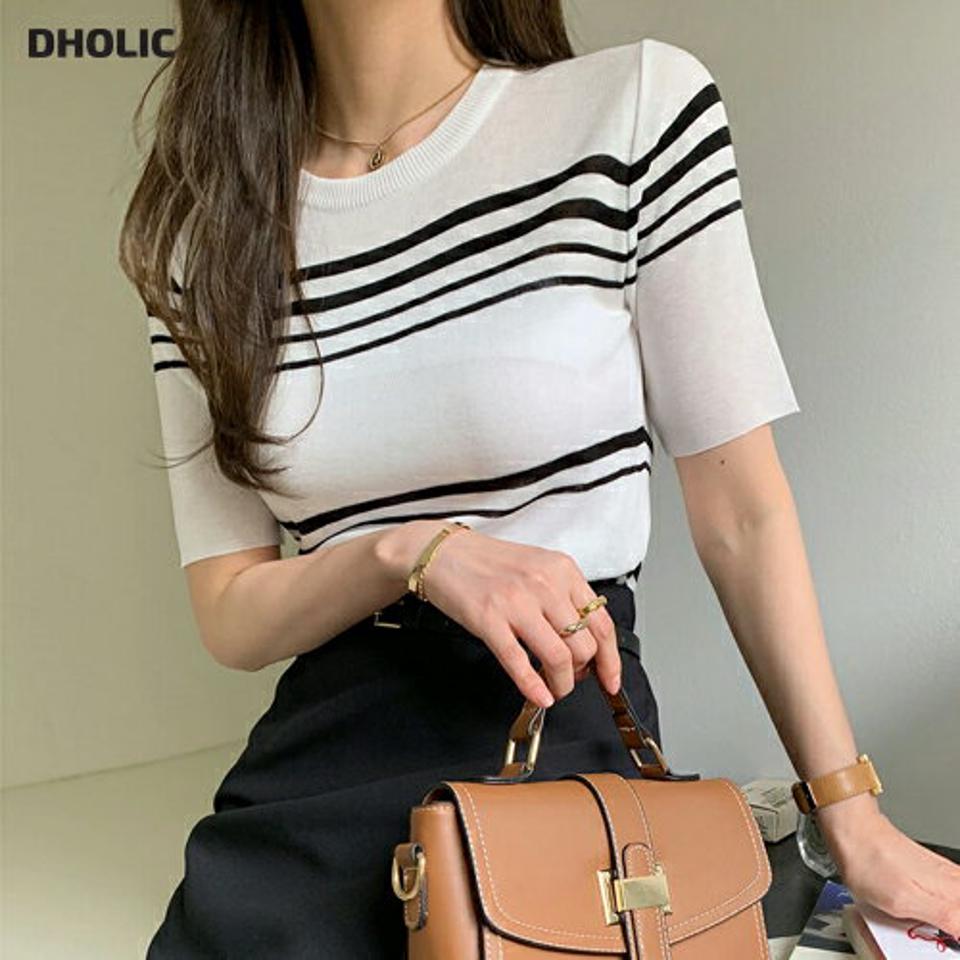 マルチボーダークロップドニット・全4色・t00442 レディース 【tops】トップス 半袖 ニット 柄 模様 ボーダー クロップド丈 サマーニット 春 夏 カジュアル きれいめ 大人っぽ パステル 韓国ファッション ハイホリHIHOLLI