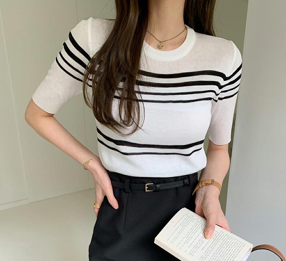 マルチボーダークロップドニット・全4色・t00442 レディース 【tops】トップス 半袖 ニット 柄 模様 ボーダー クロップド丈 サマーニット 春 夏 カジュアル きれいめ 大人っぽ パステル 韓国ファッション ハイホリHIHOLLI