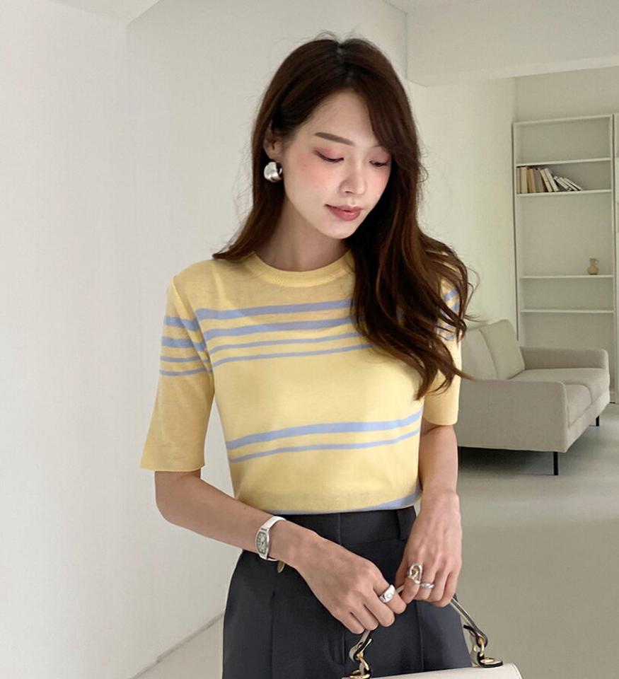 マルチボーダークロップドニット・全4色・t00442 レディース 【tops】トップス 半袖 ニット 柄 模様 ボーダー クロップド丈 サマーニット 春 夏 カジュアル きれいめ 大人っぽ パステル 韓国ファッション ハイホリHIHOLLI