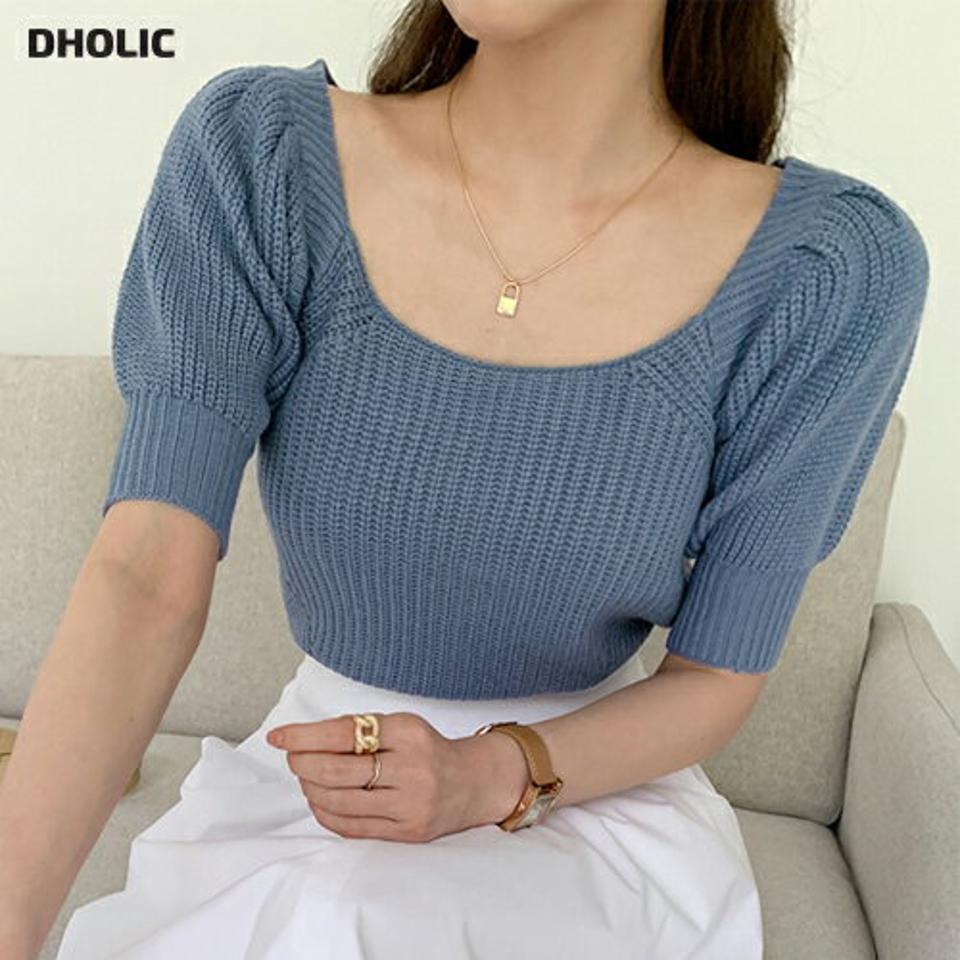バックリボンパフニット・全3色・b00445 レディース 【tops】トップス 半袖 ニット リボン バックシャン Uネック 鎖骨 デコルテ クロップド丈 パフスリーブ パフ袖 フェミニン ガーリー 可愛い かわいい 春 夏 韓国ファッション ハイホリHIHOLLI