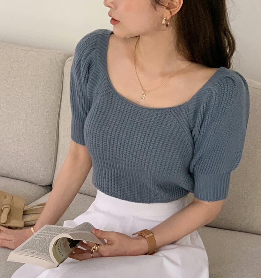 バックリボンパフニット・全3色・b00445 レディース 【tops】トップス 半袖 ニット リボン バックシャン Uネック 鎖骨 デコルテ クロップド丈 パフスリーブ パフ袖 フェミニン ガーリー 可愛い かわいい 春 夏 韓国ファッション ハイホリHIHOLLI