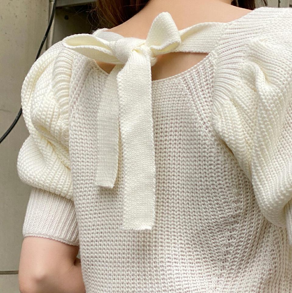 バックリボンパフニット・全3色・b00445 レディース 【tops】トップス 半袖 ニット リボン バックシャン Uネック 鎖骨 デコルテ クロップド丈 パフスリーブ パフ袖 フェミニン ガーリー 可愛い かわいい 春 夏 韓国ファッション ハイホリHIHOLLI