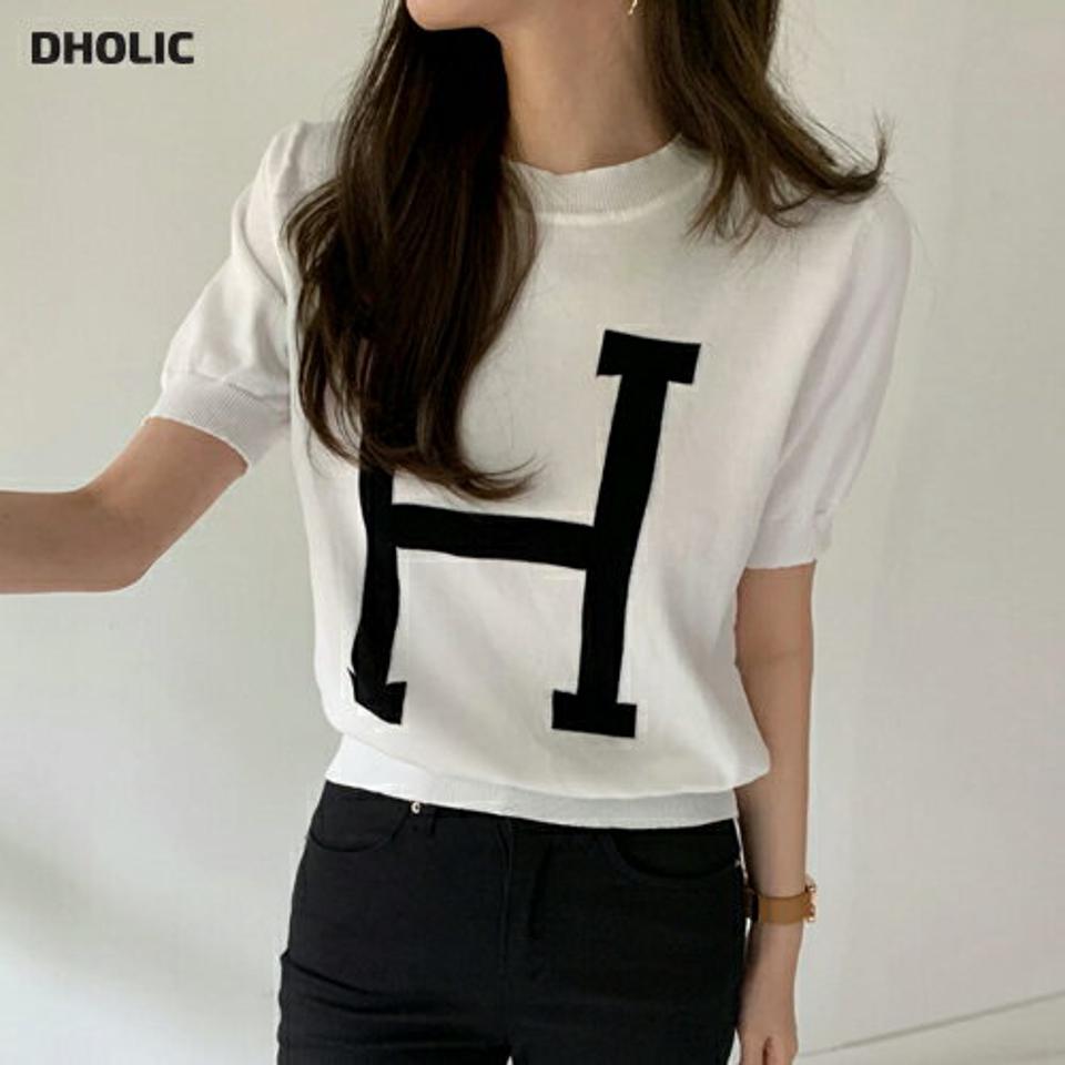 ≪人気商品再入荷≫Hロゴニット・全2色・b00441 レディース 【tops】トップス ニット 半袖 ロゴ ロゴT 配色 模様 柄 クロップド丈 サマーニット 春 夏 カジュアル きれいめ 大人っぽ 楽ちん モノクロ ブラック ホワイト 韓国ファッション ハイホリHIHOLLI