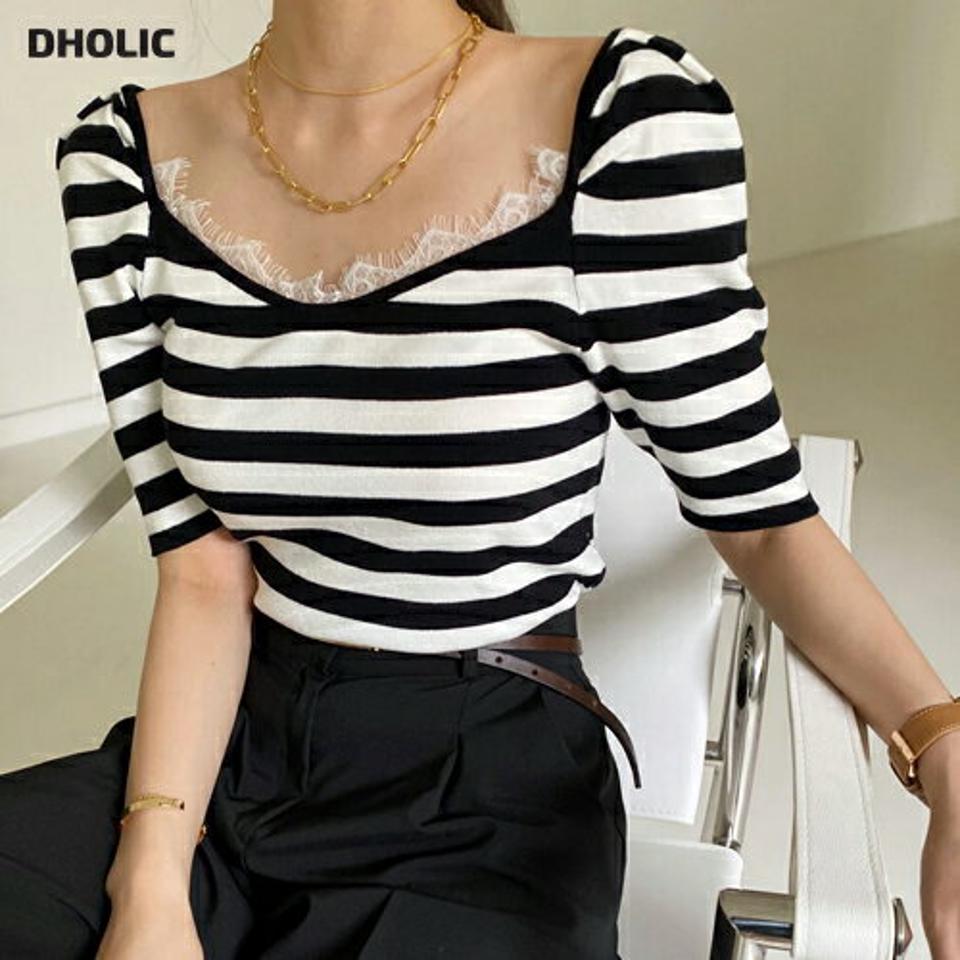 2TYPEレースVネックパフニット・全3色・b00448 レディース 【tops】トップス ニット 半袖 異素材 単色 柄 模様 ボーダー レース Vネック 鎖骨 デコルテ クロップド丈 フェミニン 可愛い かわいい 春 夏 韓国ファッション ハイホリHIHOLLI