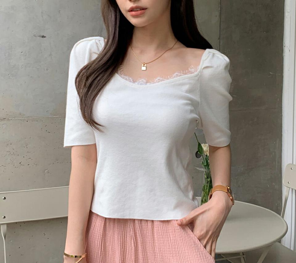 2TYPEレースVネックパフニット・全3色・b00448 レディース 【tops】トップス ニット 半袖 異素材 単色 柄 模様 ボーダー レース Vネック 鎖骨 デコルテ クロップド丈 フェミニン 可愛い かわいい 春 夏 韓国ファッション ハイホリHIHOLLI