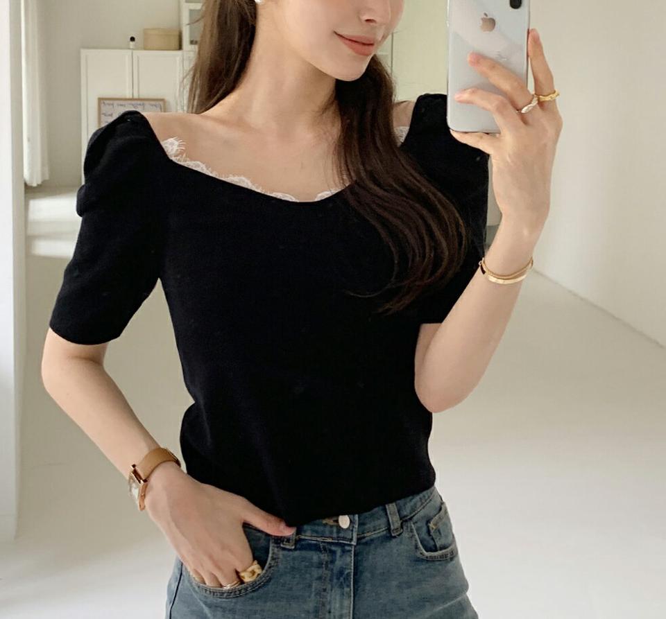 2TYPEレースVネックパフニット・全3色・b00448 レディース 【tops】トップス ニット 半袖 異素材 単色 柄 模様 ボーダー レース Vネック 鎖骨 デコルテ クロップド丈 フェミニン 可愛い かわいい 春 夏 韓国ファッション ハイホリHIHOLLI
