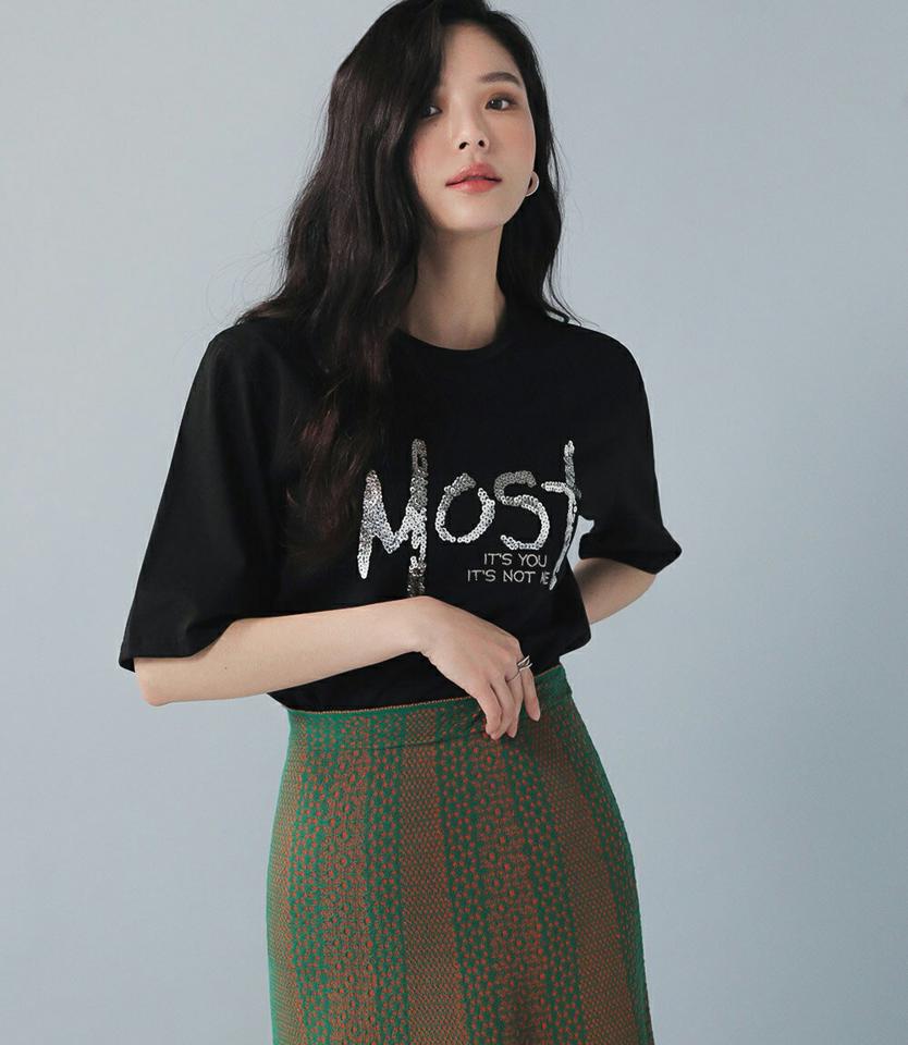 スパンコール刺繍レタリングTシャツ・全3色・b00267 レディース 【tops】Tシャツ トップス 半袖 レタリング ロゴ ロゴT スパンコール 光沢 刺繍 模様 柄 楽ちん コットン 綿 ゆったり 体型カバー カジュアル 春 夏 韓国ファッション ハイホリHIHOLLI
