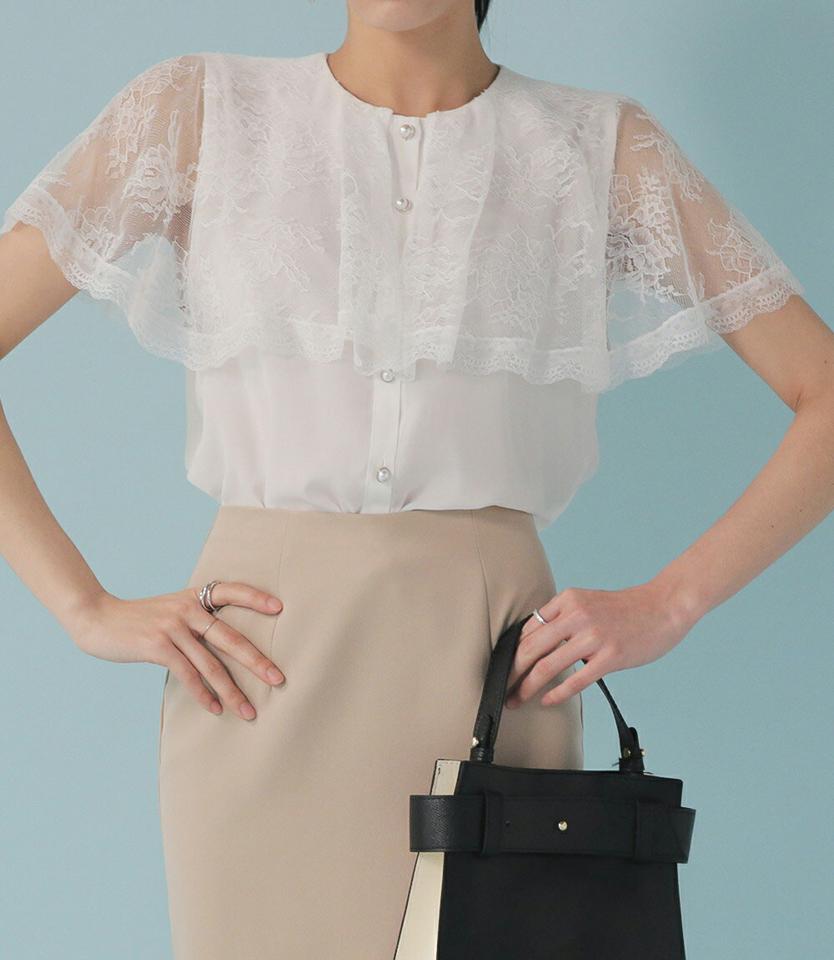 レースケープブラウス・全2色・t00270 レディース 【bl】ブラウス トップス 半袖 レース 柄 模様 単色 フェイクパール ボタン 透け感 シアー 上品 フェミニン きれいめ ケープ 花柄 シースルー 春 夏 韓国ファッション ハイホリHIHOLLI